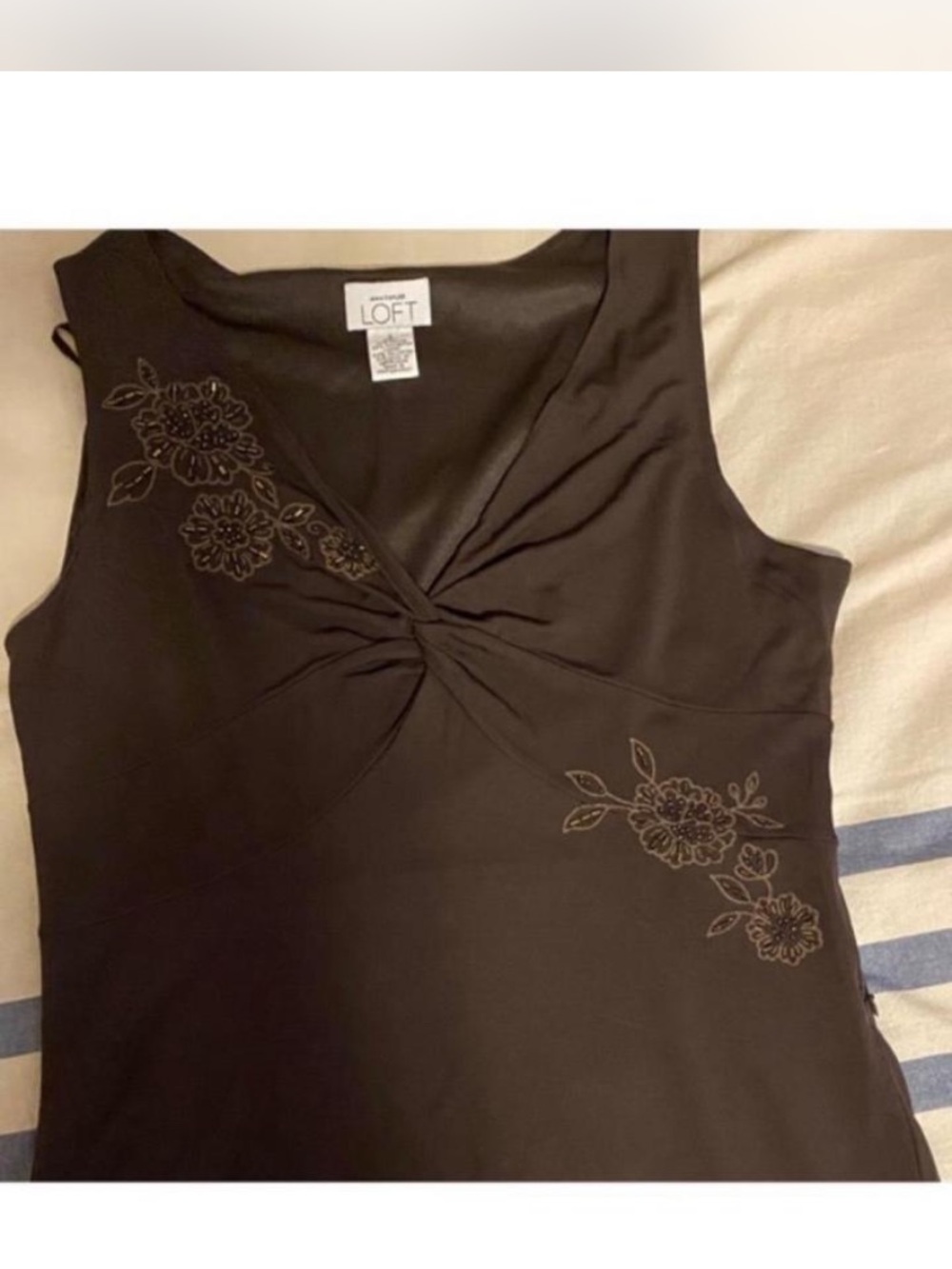 LOFT Brown Sleeveless Twist-Front Midi Dress with Floral Embroidery Accents